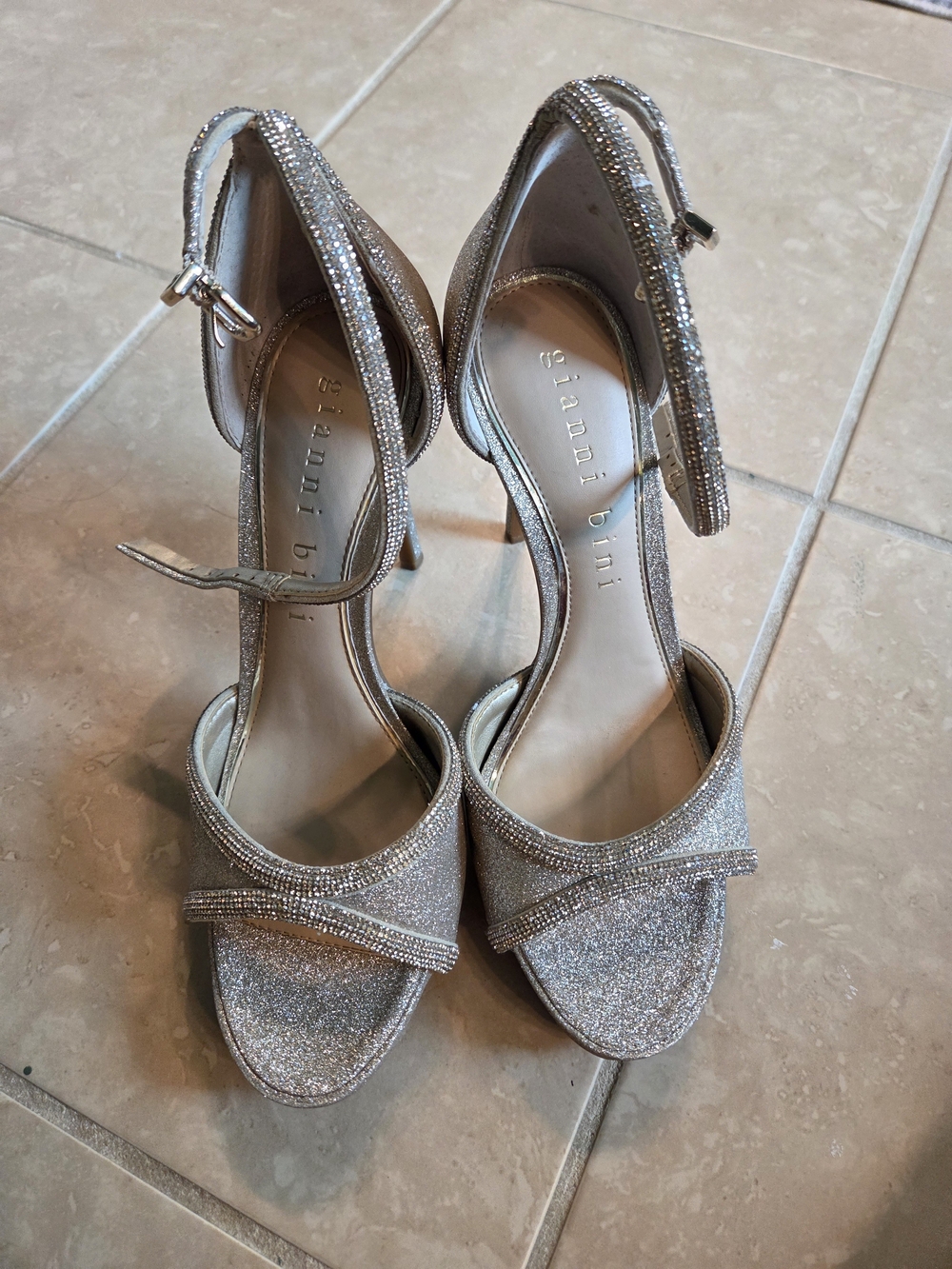 Gianni Bini Silver Rhinestone Crystal Ankle Strap Heels Size 9M